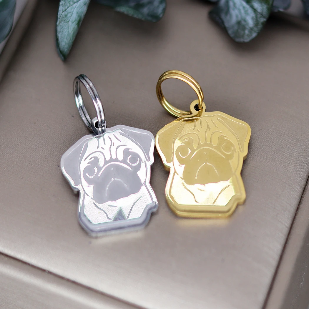 1pc Stainless Steel Pug Dog Keychain Custom Happy Pug Dog Key Chain Puppy Decorations Keychains ID Name Tag Dog