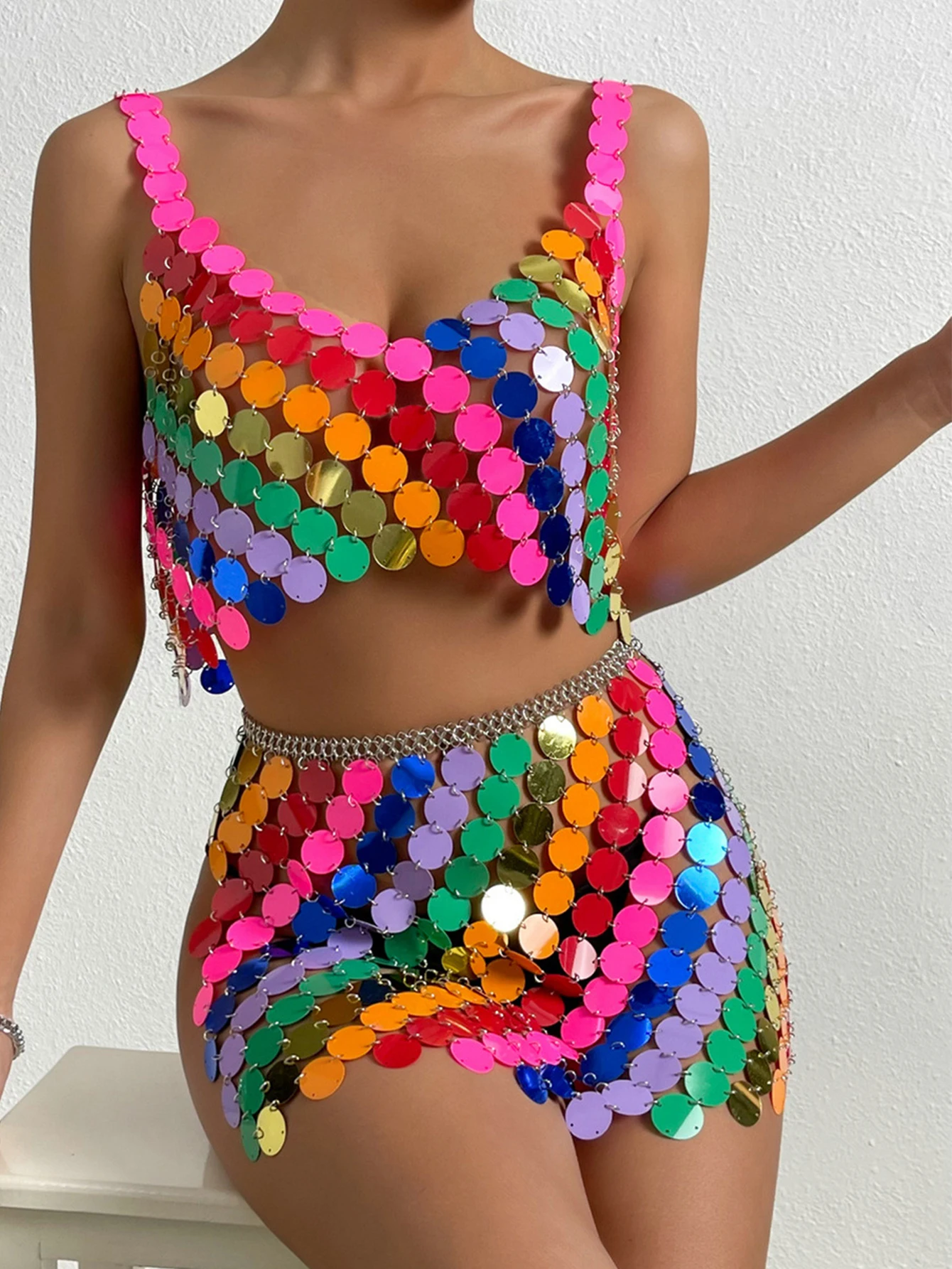 Sexy see through Metal paillettes Summer Dress women backless glitter Club party dresses slip mini bodycon beach dress sets vestidos