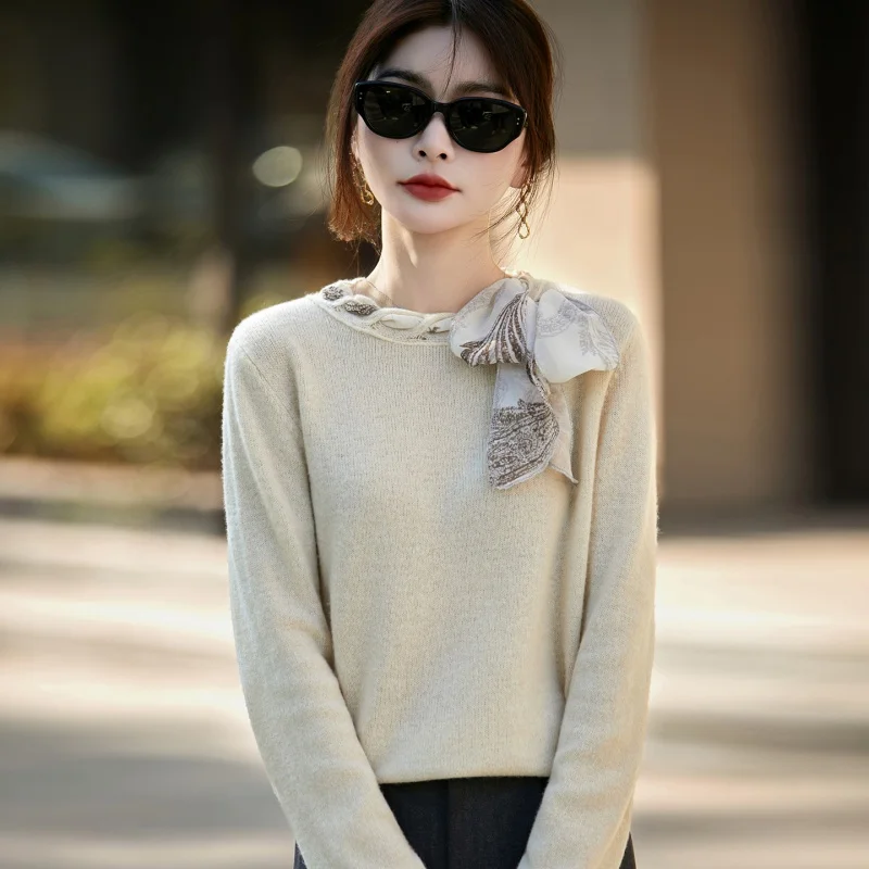 High end luxury silk scarf, ribbon collar, pure woolen sweater for women, new Korean style super good-looking and slimming knitt