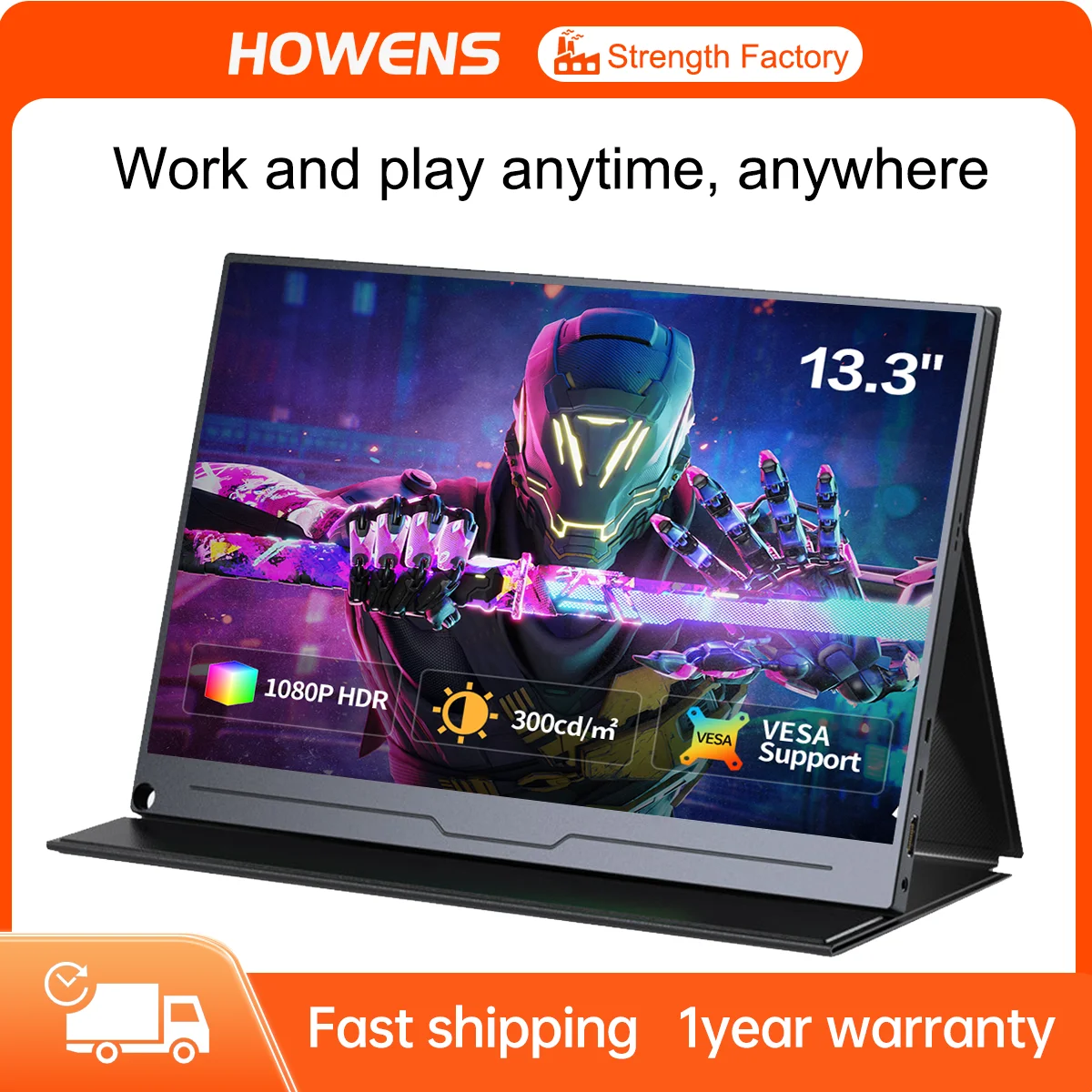 HOWENS 13.3 inch Portable Monitor HD 1920x1080 FHD Sceond Display with Magnetic Cover MINI HDMI 2 Type-C VESA for Laptop Gaming