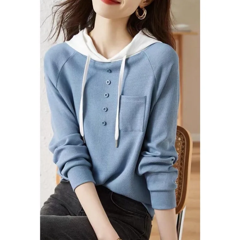 Sudaderas con capucha de Color contrastante para mujer, moda coreana, sudadera informal sencilla de primavera, Jersey holgado de manga larga para mujer, Tops XQ89