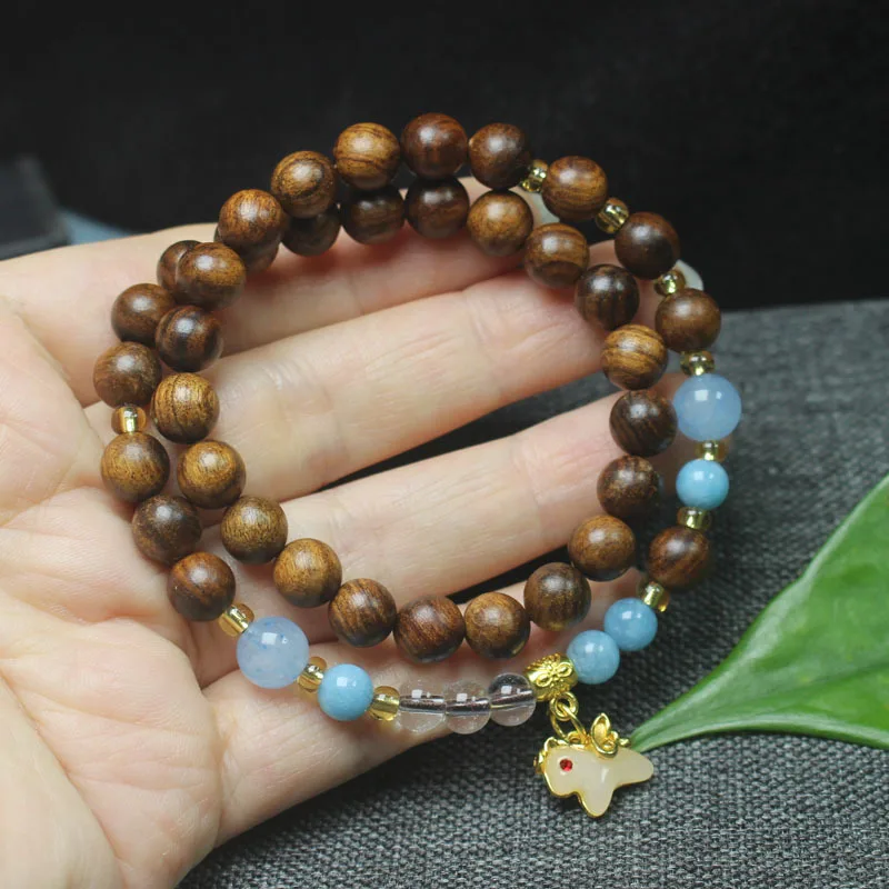 Black rosewood and blood sandalwood 8mm double-loop bracelet with small horse pendant, women's elegant cultural and spiritual pr
