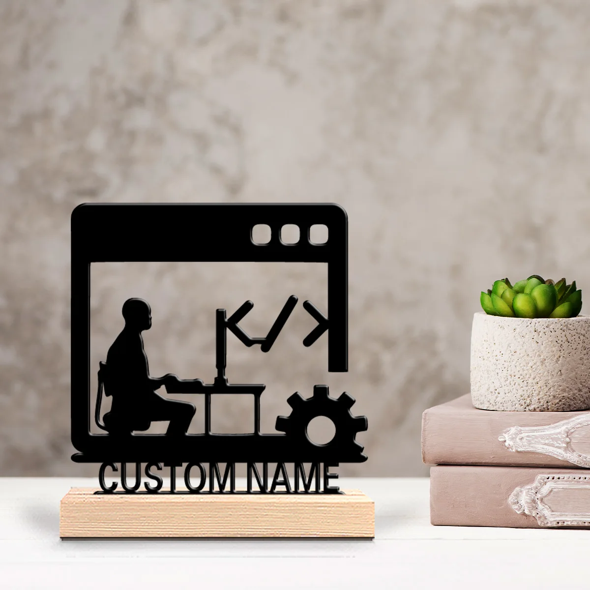 1pc Abstract Programmer Customized Letter Metal Statue Iron Ornament Art Crafts With Wood Base Metal Ornament For Children Gifts