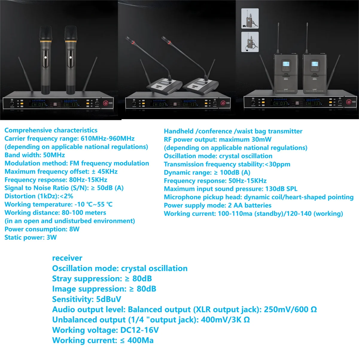 Professional Infrared Dual Frequency UHF 2 Channel Wireless Microphone System Anti-interference with 80-100M Transmission