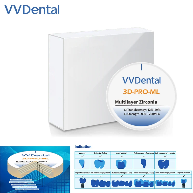 VVDental 3D-Multilayer 3D Pro Multilayer Zirconia Disc Disk Block CAD CAM Dental Laboratory Super Translucent 98mm