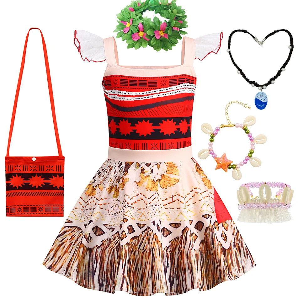 Kids Summer Moana Print Princess Dress Girls Vaiana Cosplay Holiday Halloween Frock Birthday Carnival Party Performance Vestidos