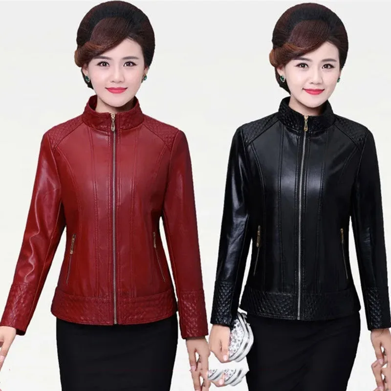 Jaket kulit PU wanita ukuran besar, jaket kulit wanita, mantel lengan panjang, jaket kulit, atasan kerah berdiri, jaket kulit usia sedang, ukuran besar 5XL