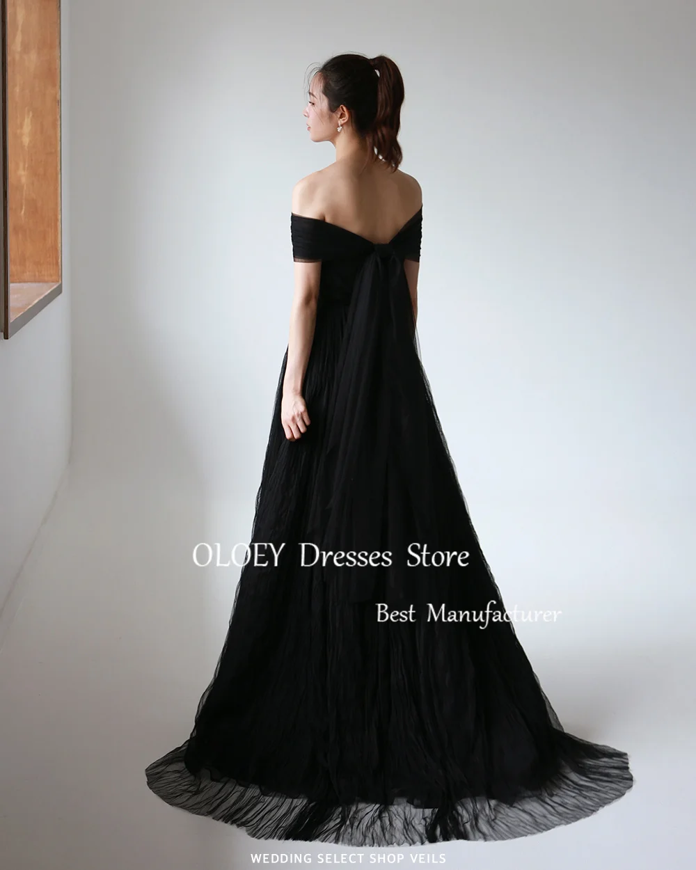 OLOEY Simple Black Prom Dress Korea Wedding Photoshoot Sweetheart Long Party Dress With Detachable Sleeves Bolero Soft Tulle