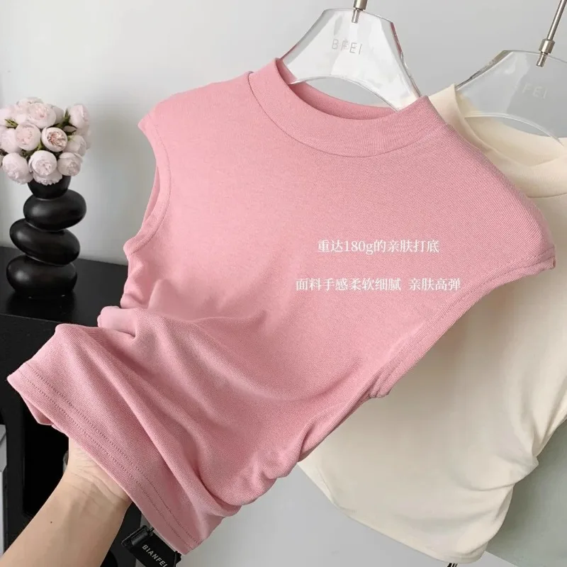 Popular Cream Korean Style Tee with Invincible City Love White High Collar Sleeveless Outer