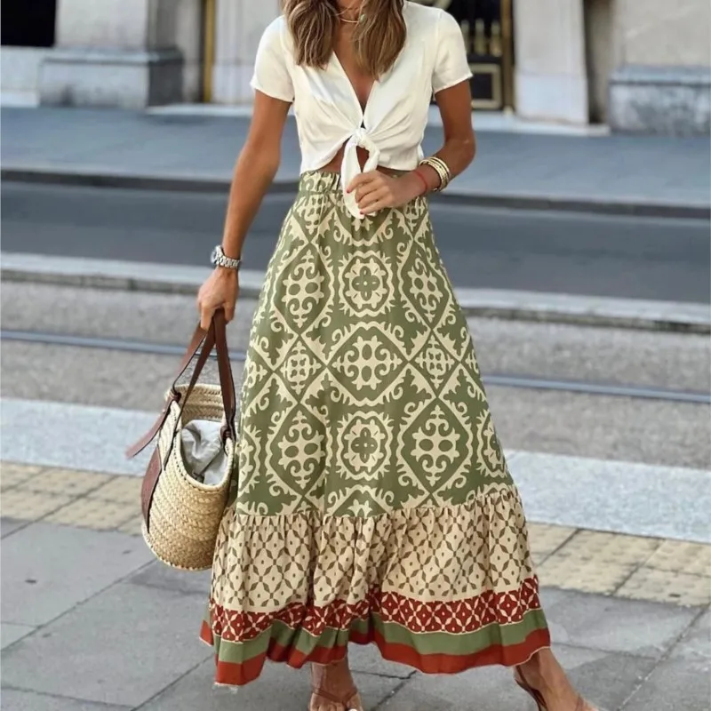 Elegant Women\'s Skirt Spring Summer Fashion Print Elastic Waist Femme Patchwork Long Skirts Streetwear Casual Vintage Vestidos