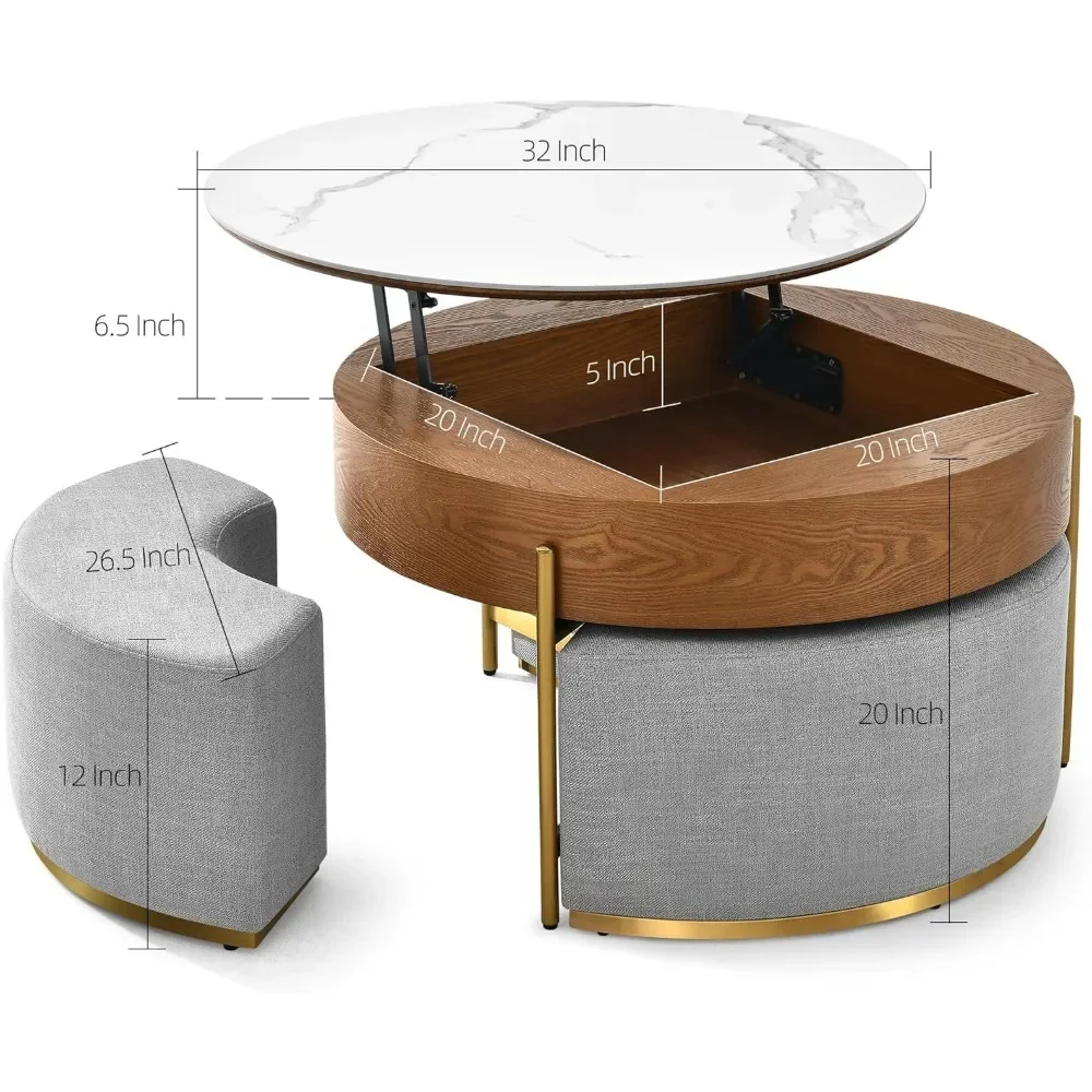 Table basse en ardoise à motif marbré rond, 32 "L, 3 pistes, bois ol, rustique, bohème, élévateur, ensemble de table basse pour salon