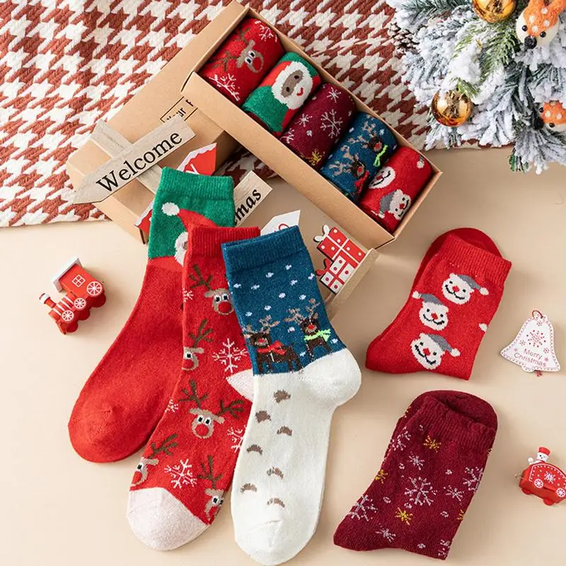 5 pcs Christmas socks Wool socks mid-tube socks Fun cute socks with Santa reindeer pattern women's Christmas theme gift box set