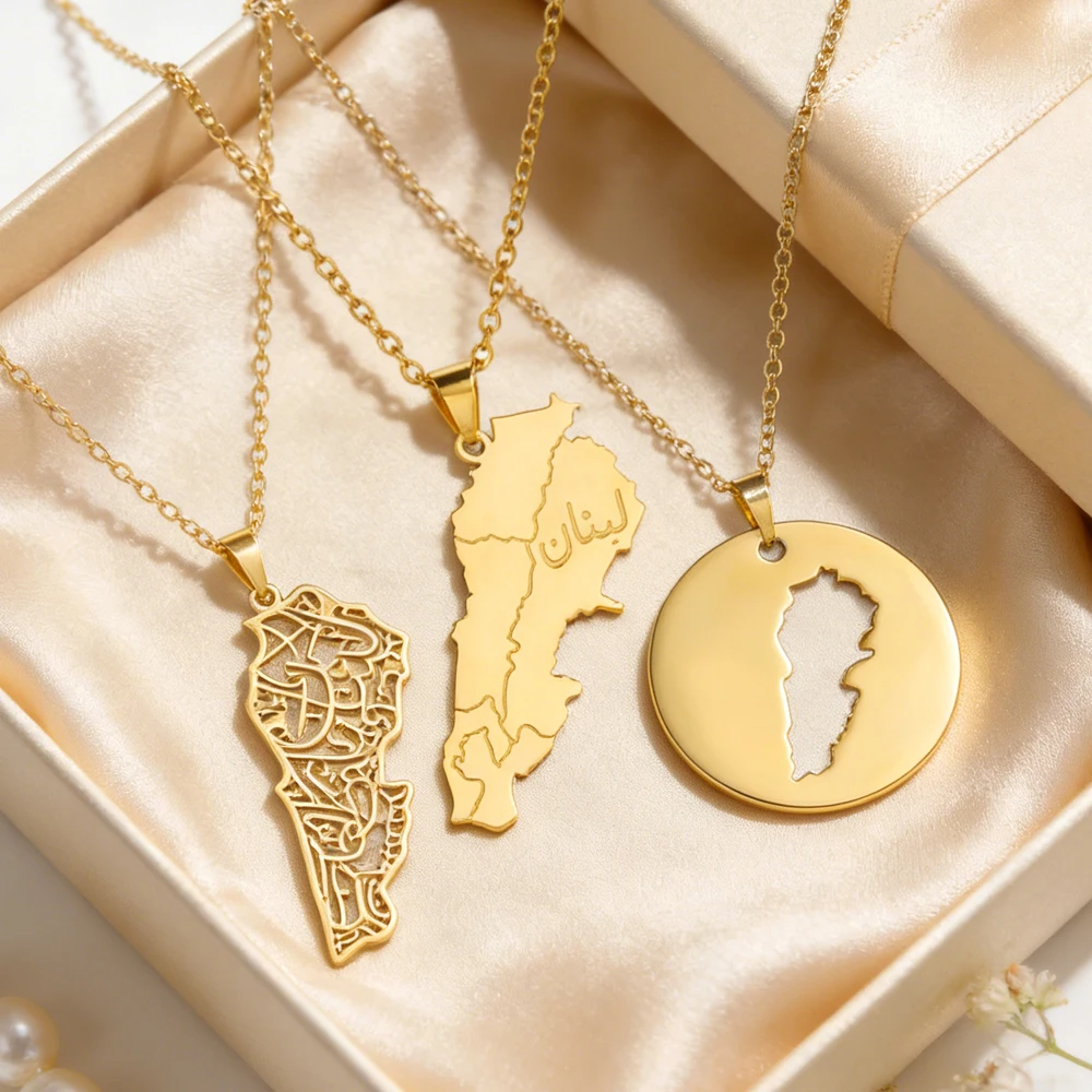 Dawapara Lebanon Map Pendant Necklace Minimalist Map Outline Persian Calligraphy Stainless Steel Jewelry World Travel Gift
