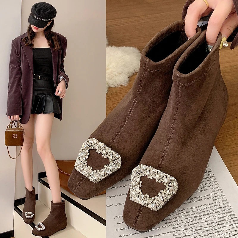 

2025 NEW Fashionable Mid-Calf Diamond Embellished Solid Color Women's Boots Autumn Winter Low Cut Fashion Boots