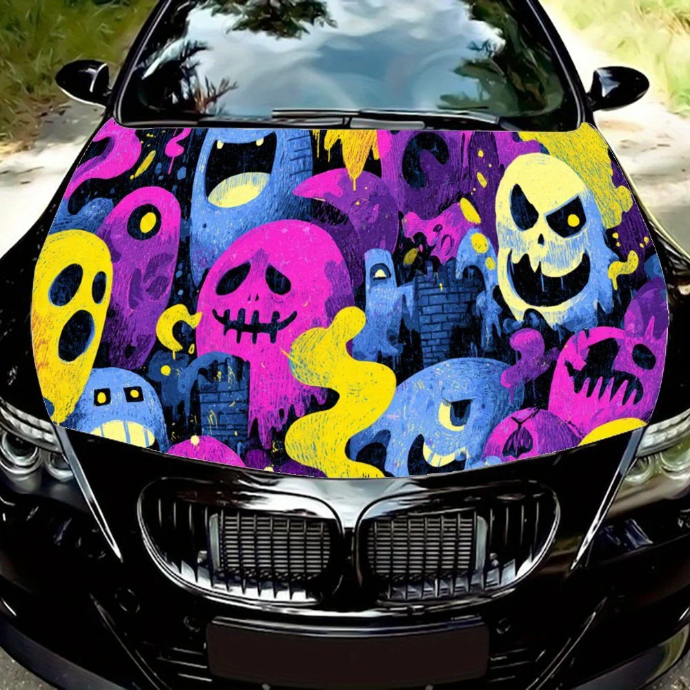 

Trendy Ghost & Skull Car Vinyl Wrap, PVC Waterproof Car Hood Sticker, Self-Adhesive Scratch-Resistant Stickers for Engine Cover,