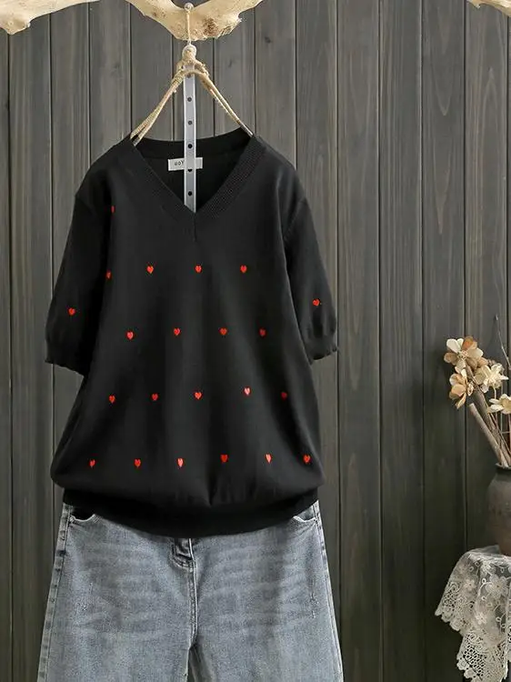 

Летний вязаный топ из ледяного шелка большого размера V-Ne ort Sve с вышивкой, повседневный свободный крой, корейский трикотаж больших размеров