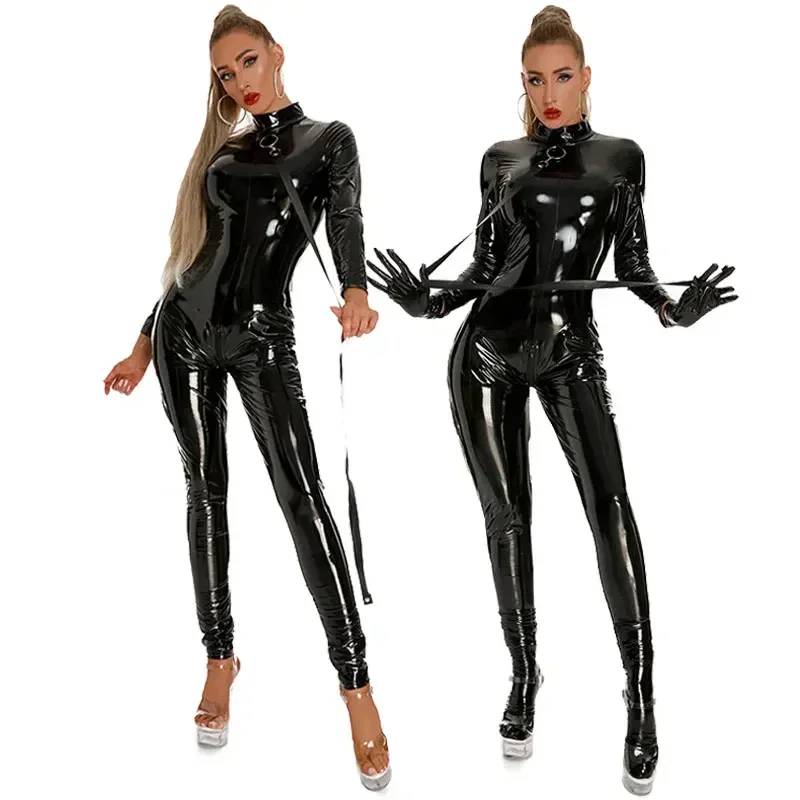 

Women Shiny Faux Leather Jumpsuit Zip Open Crotch Wetlook PU Latex Bodysuit Latex Faux Leather Catsuit PVC Bodysuit Costumes