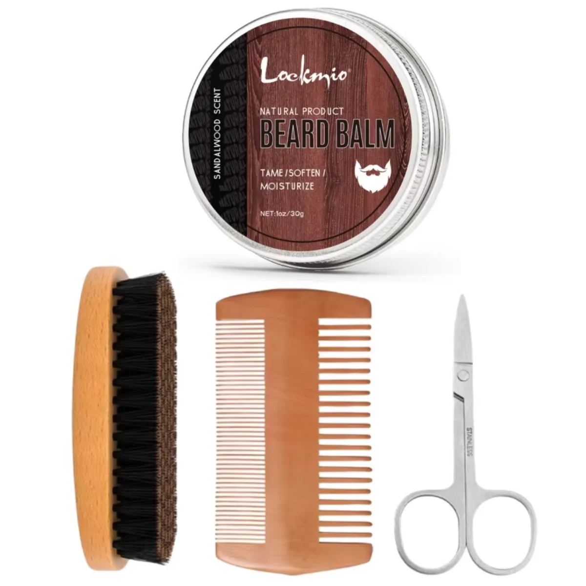 LOCKMIO 4pcs/set 30g Sandalwood Beard Balm Mustache Soft and Moisturizing Butter for Men Anti-Frizz Beards Cream Scissors & Comb
