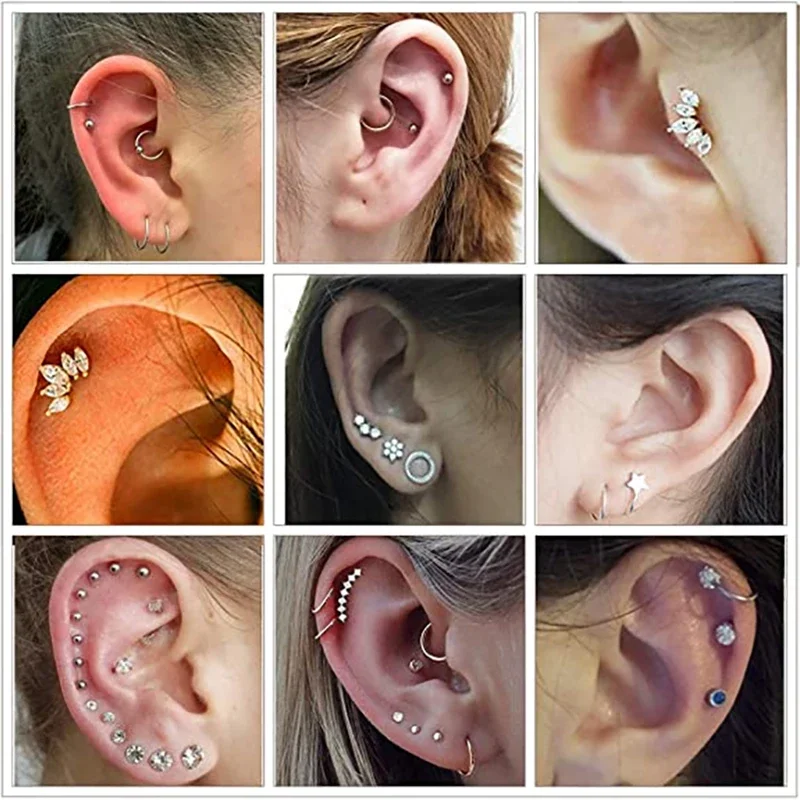 Fashion Crystal Zircon Cartilage Piercing Earrings Set Women Stainless Steel Spiral Tragus Stud Earring Body Jewelry