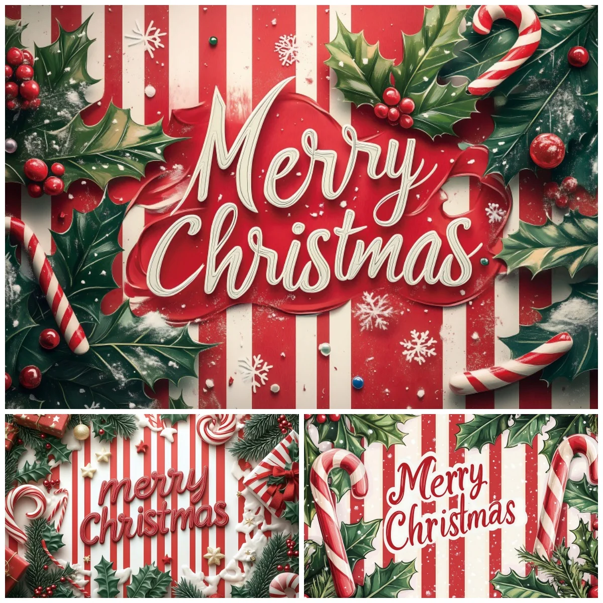 Merry Christmas Decoration Photography Backdrops Candy Cane Holly Leaf Snowflake Family Festivial Celebrate Portrait Backgrounds