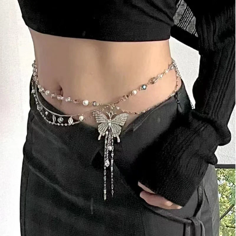 Simple Shiny Butterfly Decoration Waistband Thin Belt For Women Girls Fashion Adjustable Metal Waist Strap Punk Slim Body Chains