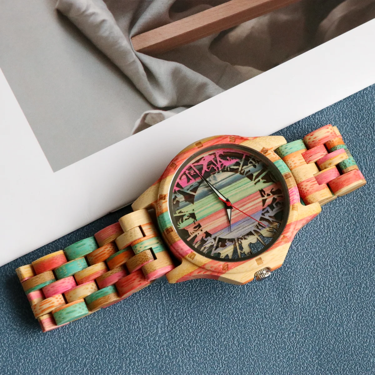 ساعة رجالية من الخيزران الملون، 12 كوكبة بمينا مجوف، ساعة يد كوارتز عصرية، ساعة خشبية للرجال، هدية للرجال