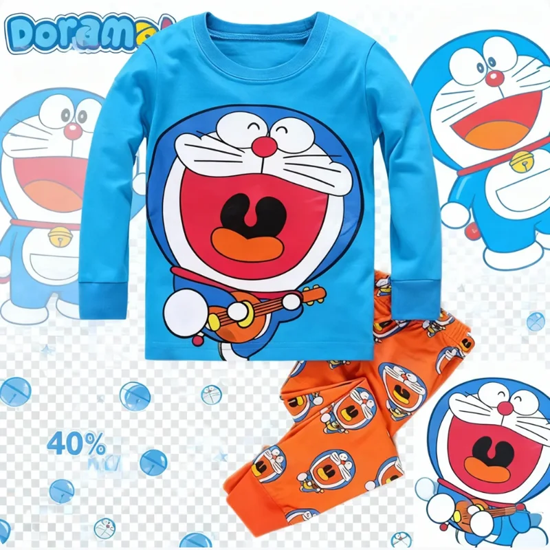 

Новые милые пижамные комплекты Doraemon для мальчиков и девочек, повседневные футболки с длинными рукавами и рисунком Kawaii, топы с брюками, одежда для сна
