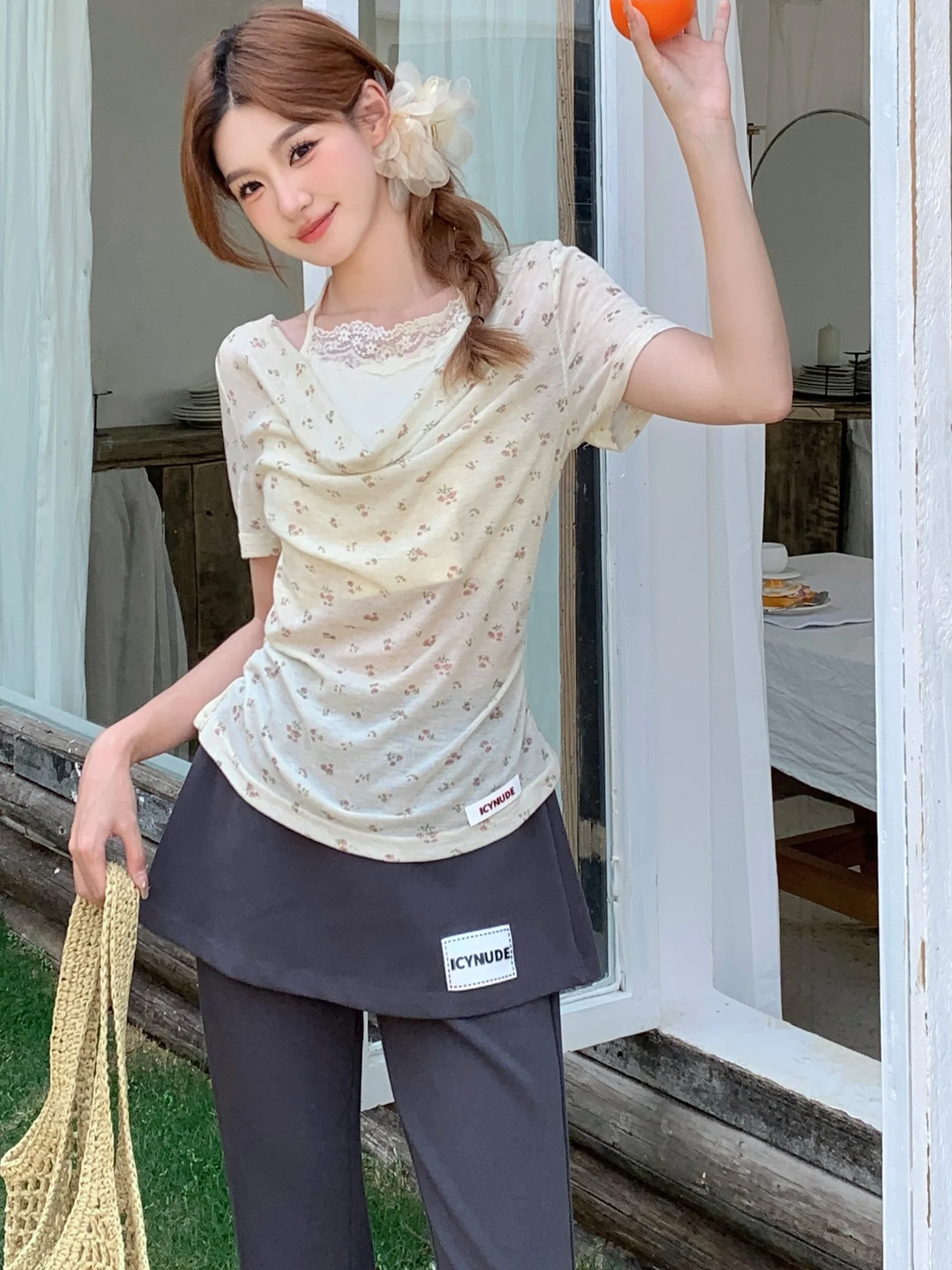 

IcyNude Store Summer New Women's Slim Fit ort Sve T-irt Floral Print Folded Design Fake Two-Piece Cute Sle Thin Mate...