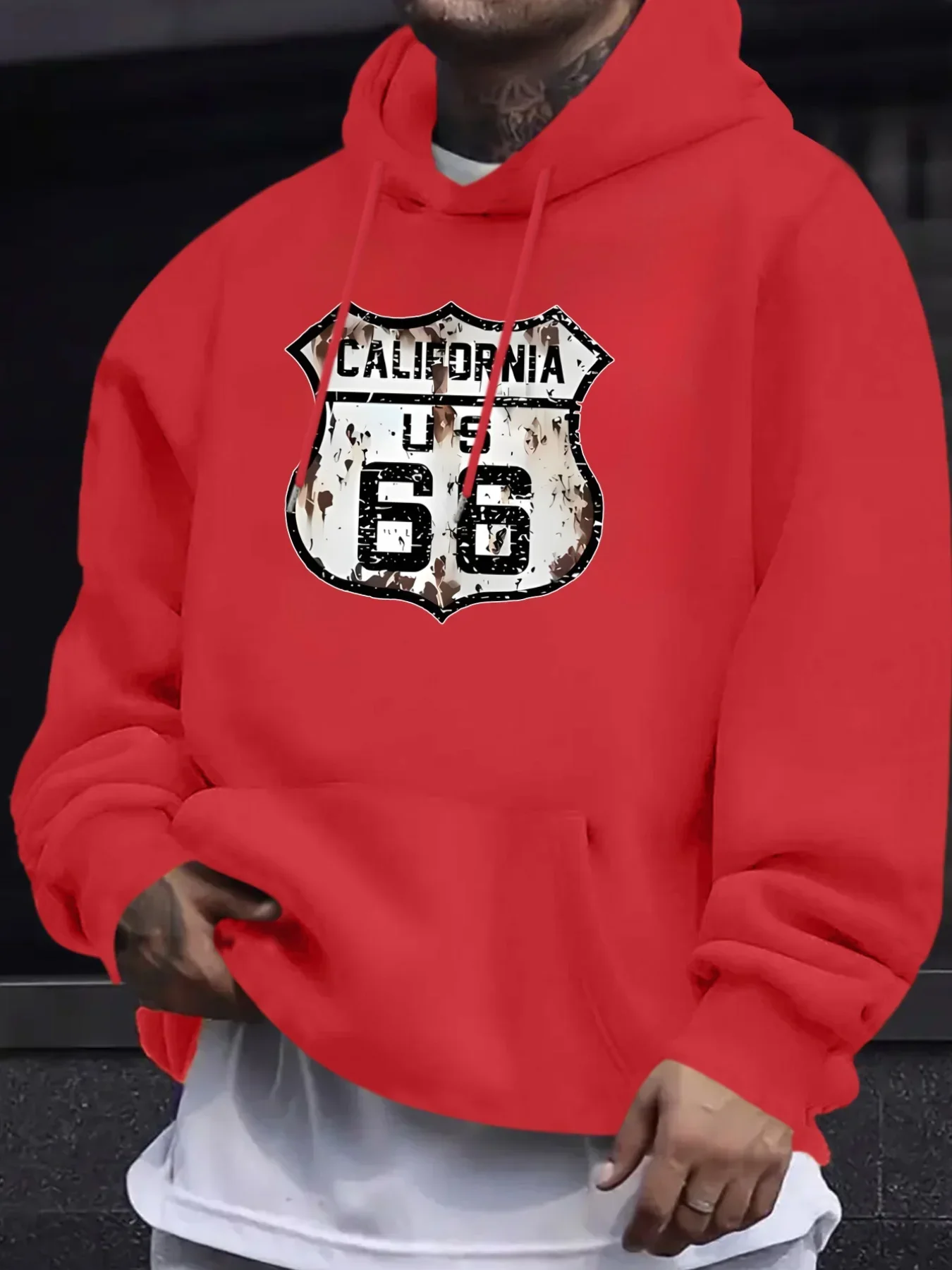 Men's Autumn Winter Hoodie California US Route 66 Vintage Rusty Road Sign Retro Streetwear Fleece Sweatshirt