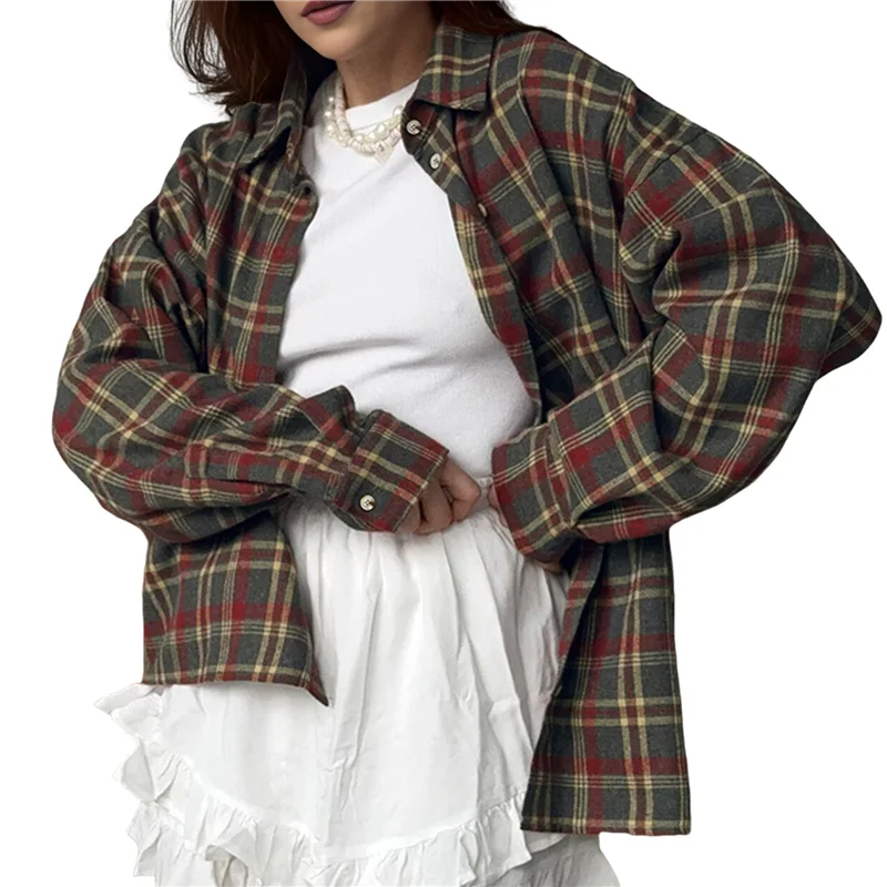 

FX-Женские фланелевые рубашки на пуговицах с длинными рукавами в клетку, деловая повседневная блузка, топ