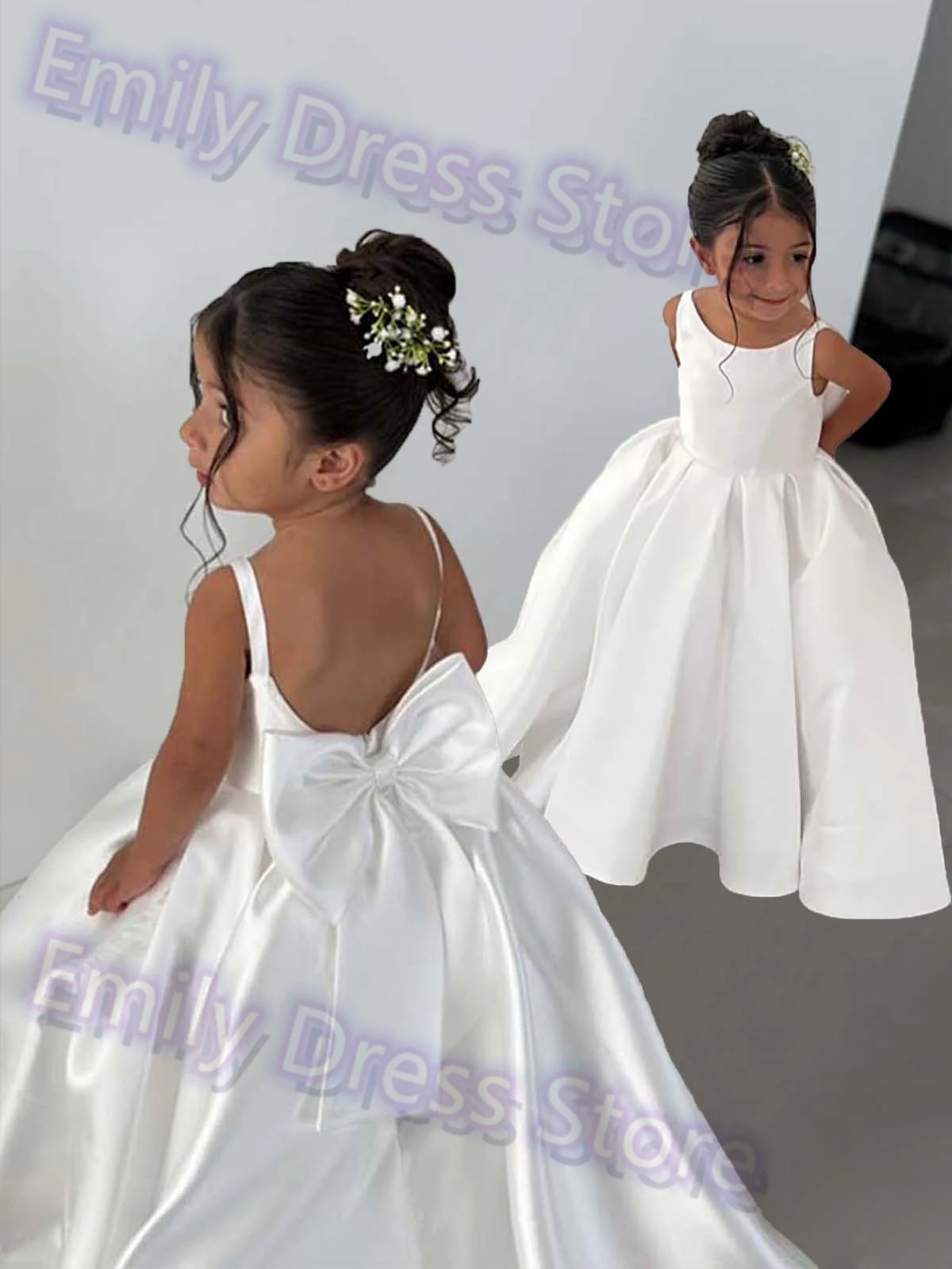 カスタマイズされた紫色のフラワーガールのドレス結婚式のサテンと弓ノースリーブエレガントなふわふわ子供の誕生日初聖体夜会服