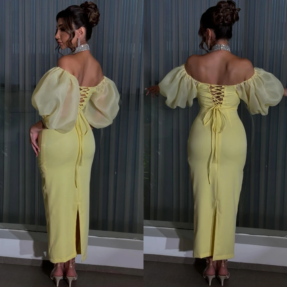 Robe de soirée en Jersey jaune, personnalisée, élégante, col licou, manches courtes, robe de soirée classique, style sirène, dos à lacets, robes de bal