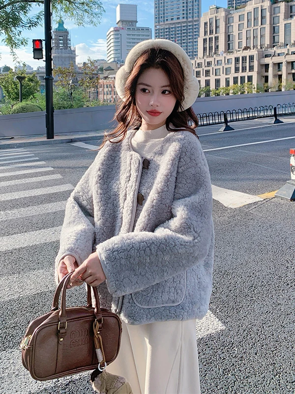 

Синяя утепленная женская куртка из овечьей шерсти на молнии, новая осенне-зимняя повседневная свободная теплая куртка