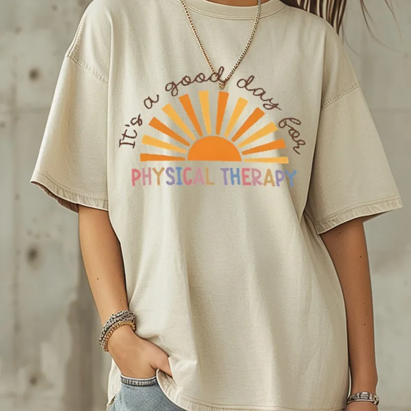 

Beautiful Sun Color Letter Printing T-Shirt High Gram Weight Couple Cotton Blouse Clothing Fashion Men Short Sleeves O Neck Top
