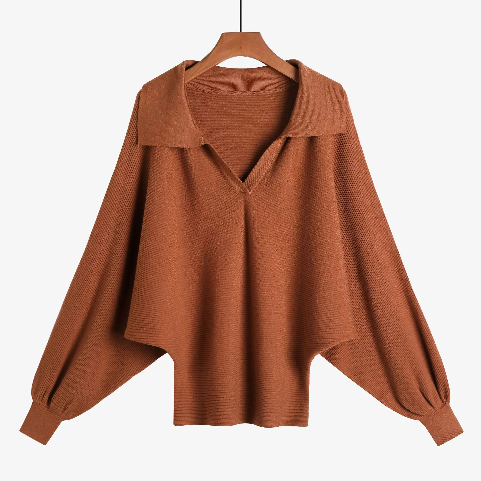 2026 Women Lapel V‑Neck Batwing Sleeve Knit Sweater Solid Color Loose Knitted Pullover Casual Tops For Spring Autumn Daily Wear