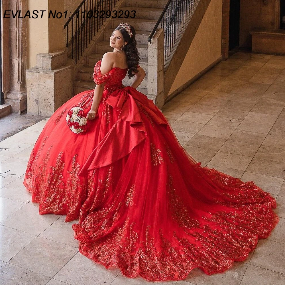 

EVLAST Customized Mexican Red Quinceanera Dress Ball Gown Sequins Lace Applique Beading Bow Sweet 16 Vestidos De 15 Anos E1QN518