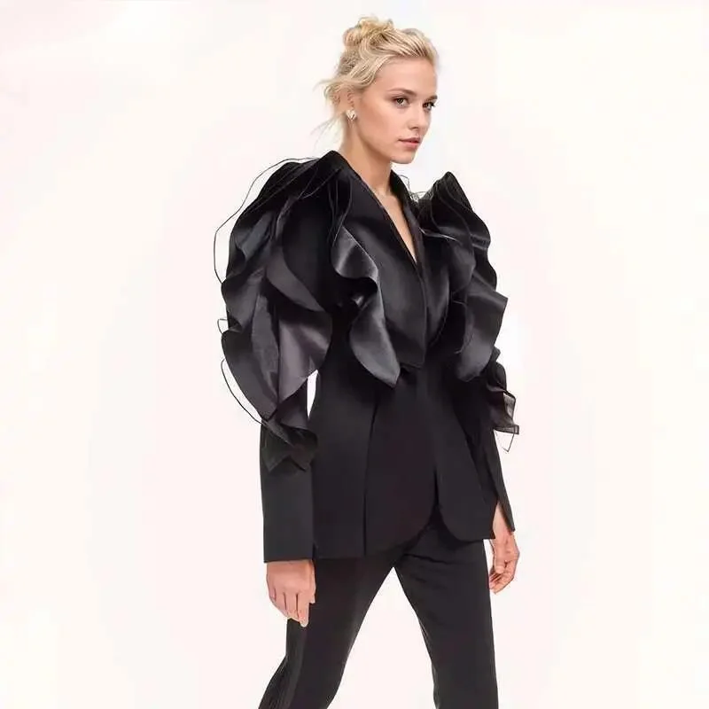 

Fashion Black Three-dimensional Splicing Ruffle Edge Blazer Women's Asymmetric Slim Fit Suit Jacket Spring 2025 New 7A9M0L