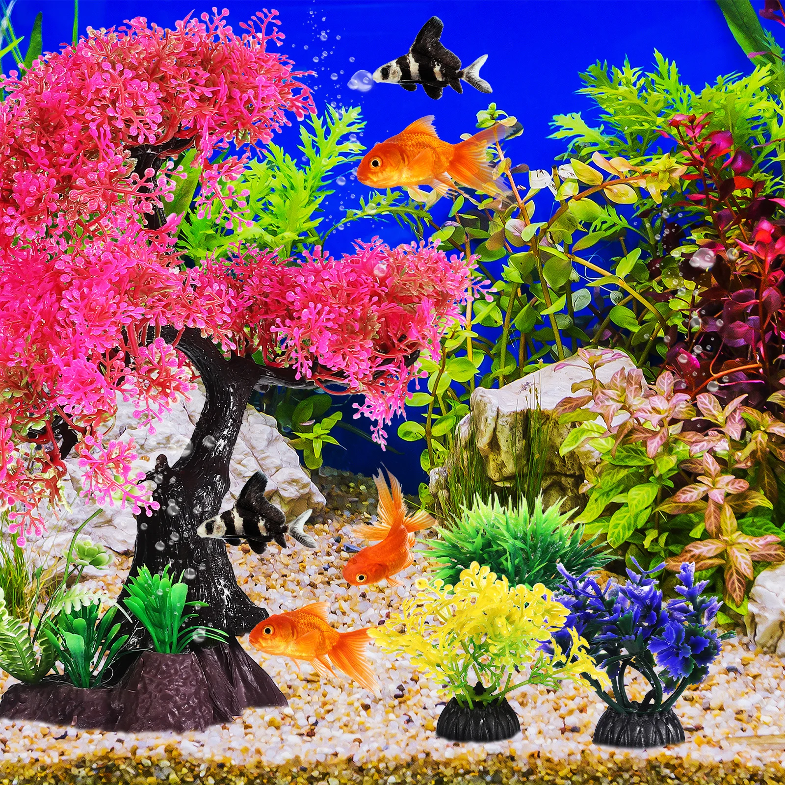 

10 Pcs Realistic Aquarium Plants Set Pink Bonsai Tree Decorations Plastic Fish Tank Accessories Low Maintenance Safe
