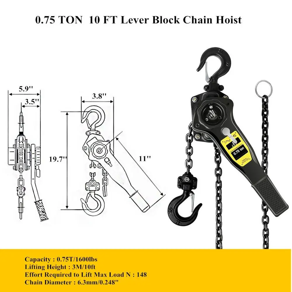 Manual Ratchet Chain Hoist 2205LBS 10FT Building Garages Warehouse Automotive Machinery 1T Lever Chain Puller Premium Brake