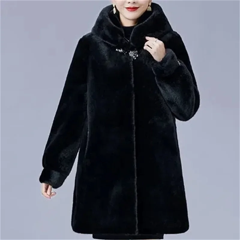 Pop Pop 2024 New Mink Coat Female Mid-Elderly Mother Whole Mink Fur Mid-Long Parka Mother's Mink Velvet Coat Imitation Fur Coat