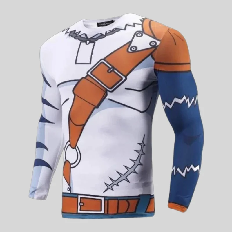 2026 Bandai Digimon 'Weregarurumon' Cosplay Costume Anime Adult Kids Long Sleeve Compression Rash Guard Dry Fit T-Shirt Summer