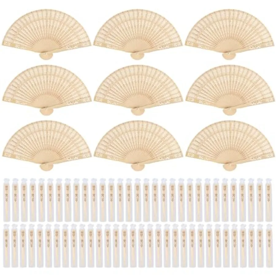 

Pack Sandalwood Folding Fans Bulk, 7.9 Inch Wooden Handheld Fans with Organza Bags, Wedding Fans for Bridal Shower, Party Favor