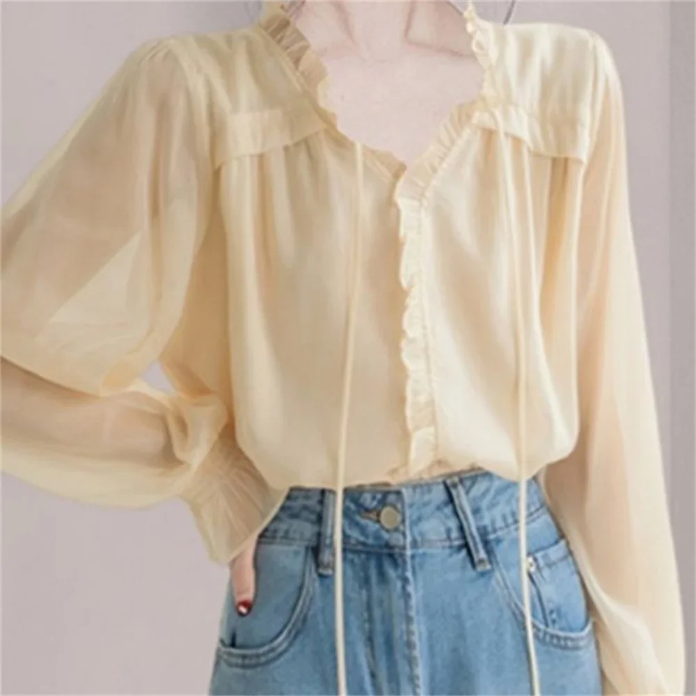 2024 Summer New Loose Design Sweet French Style Elegant Women's Shirts Ruffles Long Flare Sleeve Chiffon Blouses Ladies Tops 3XL