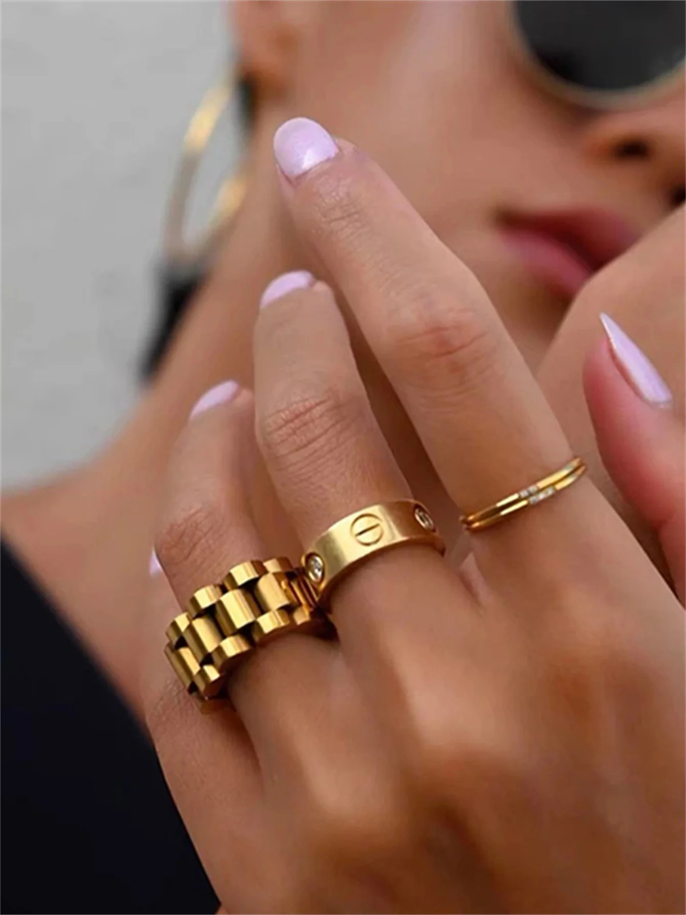 Peri\'sbox Solid Gold Pvd Plated Bold Wide Thick Ring for Women Chunky Link Chain Stainless Steel Strap Finger Rings Jewelry