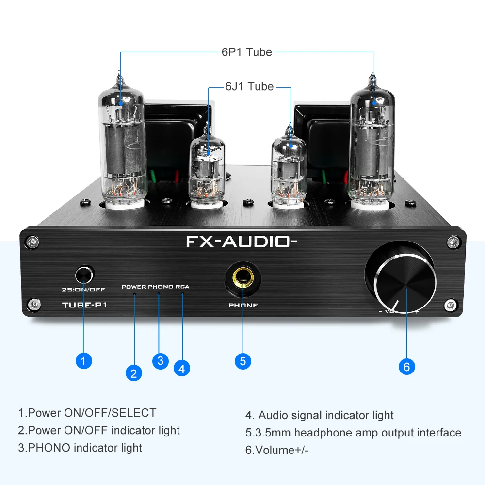 FX AUDIO 6J1 + 6P1 tubos de vacío 6,35mm amplificador de auriculares Phono amplificador para reproductor de discos de vinilo