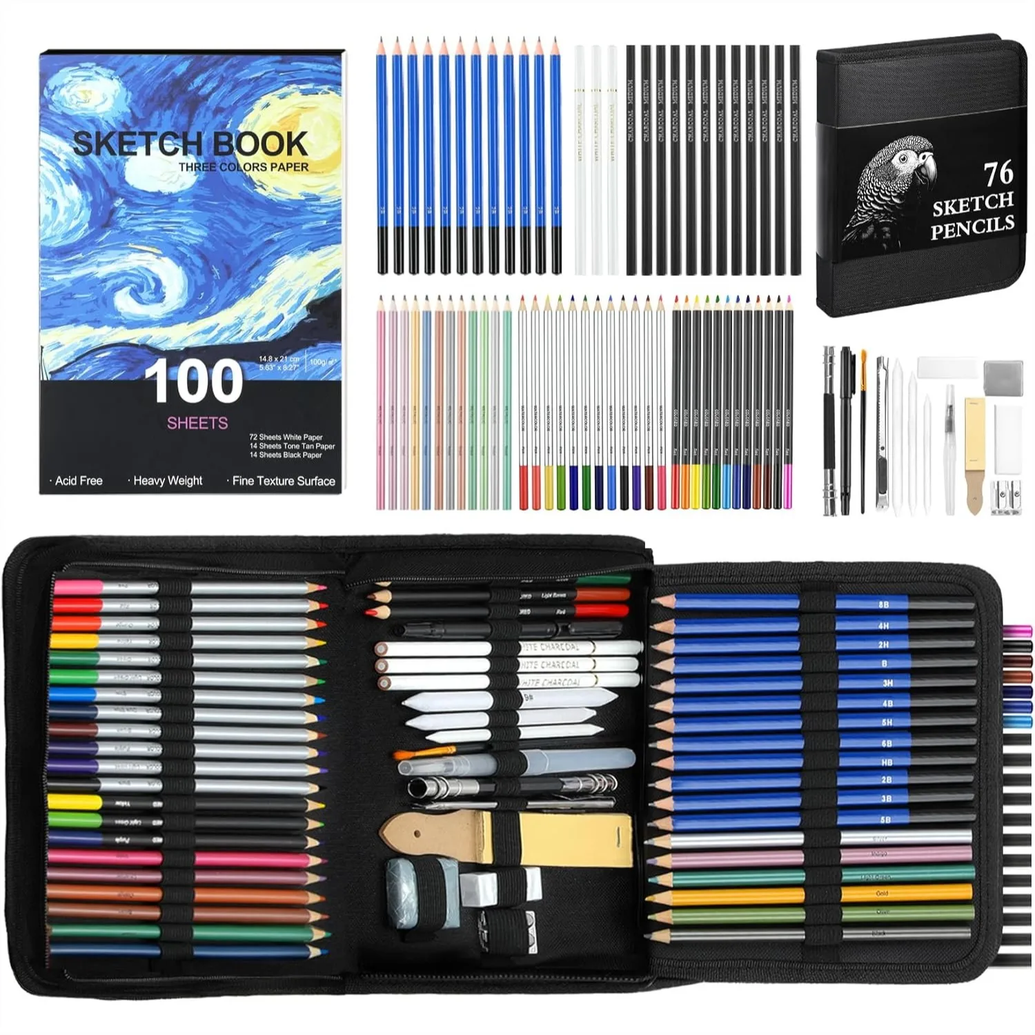 

176-Piece Art Supplies Sketching Kit with 100-Sheet 3-Color Sketchbook, Graphite Colored Charcoal Watercolor Metallic Pencils