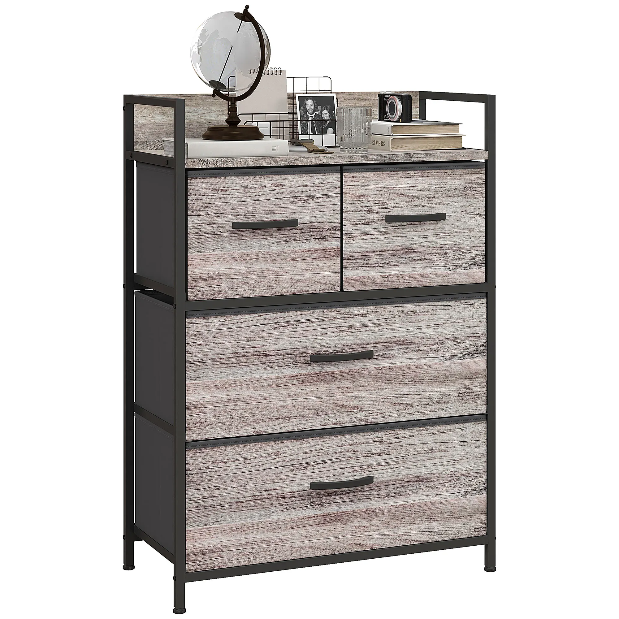 HOMCOM Cómoda con 4 Cajones de Tela Plegables, Cómoda para Dormitorio Industrial con Estante Abierto, Marco de Acero, Cajonera para Espacios Pequeños, Sala de Estar, Vestidor, Baño, Gris