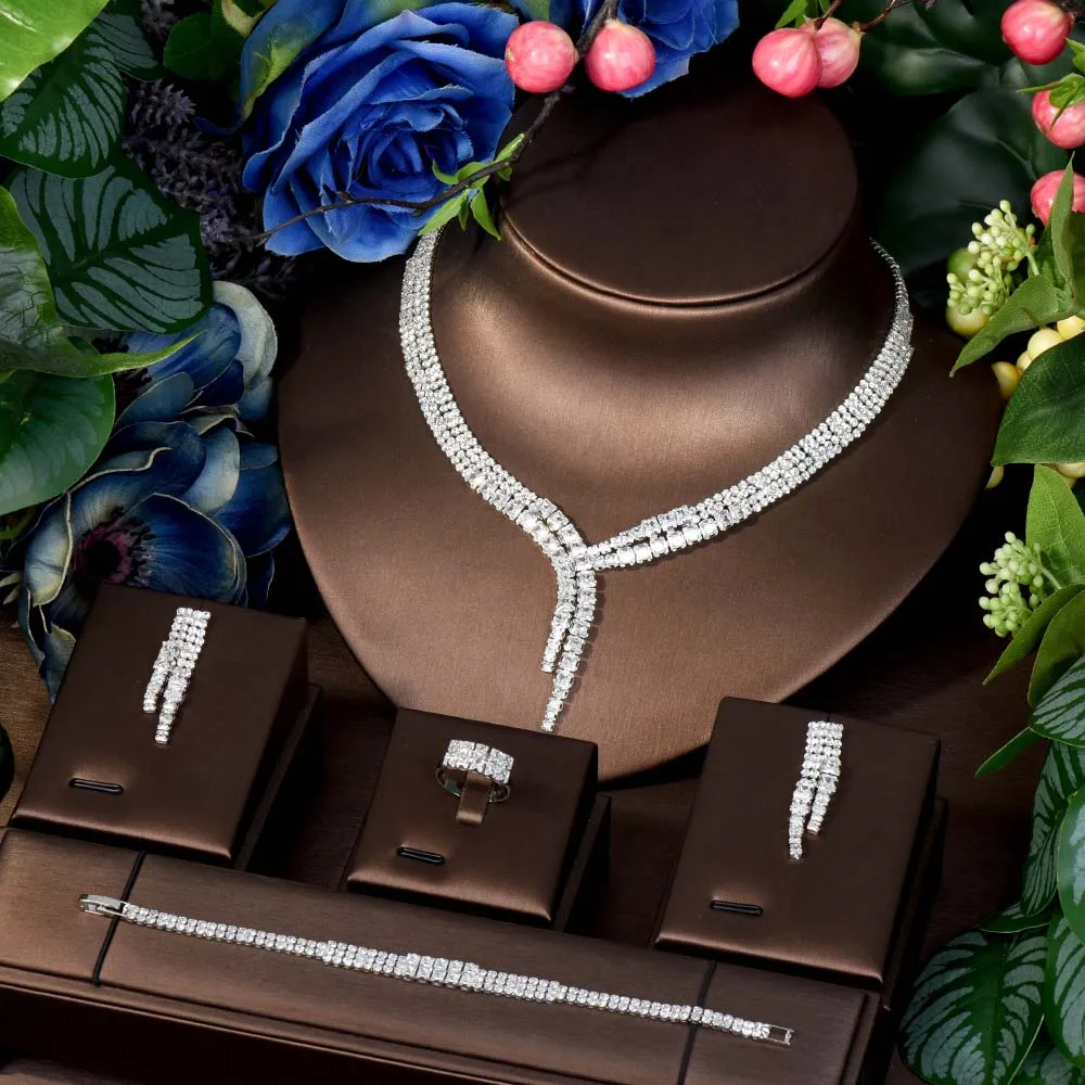 High Quality Non Fading Women Bridal Dress Zirconia Accessories Necklace Earrings Hundred Sets Wedding Party Festival M-223