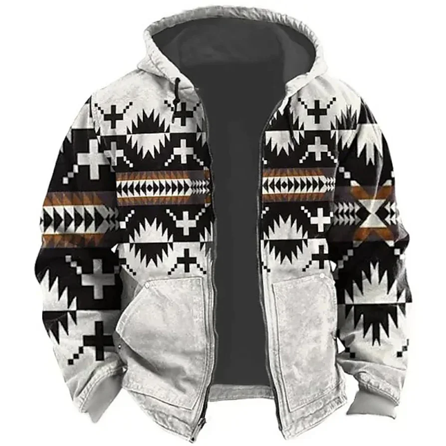 2023 Winter Zip Up Hoodies For Men Fleece Hood Jacket Clothing Tribal Traditional Print Sweatshirts Holiday Outerwear Hooded