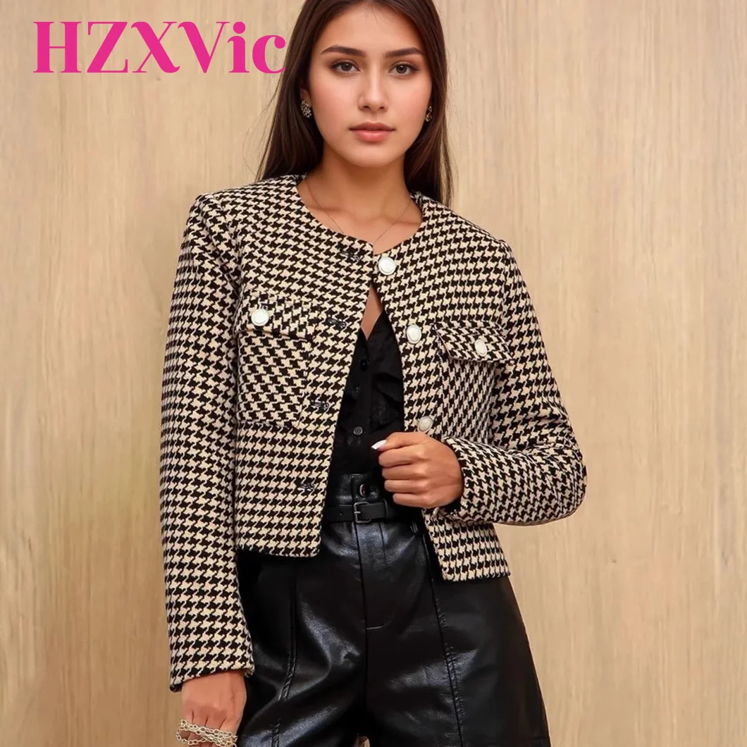 

HZXVic Women's Coarse Woolen Coat round Neck Metal Buckle Double Pockets Black White Checkered Pattern Inner